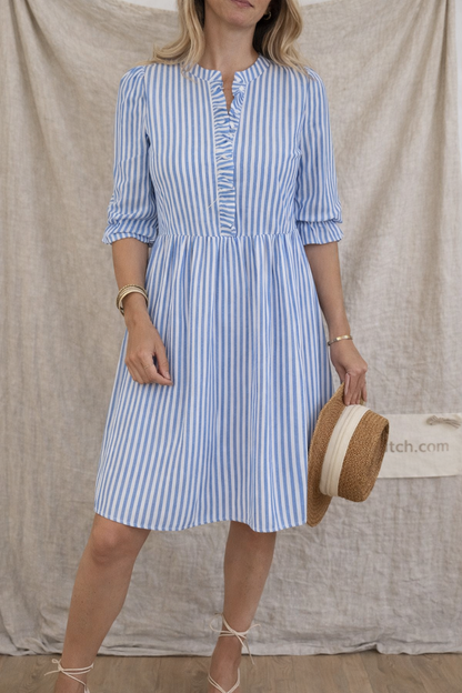 Puff Sleeve Stand Collar Striped Dress Summer