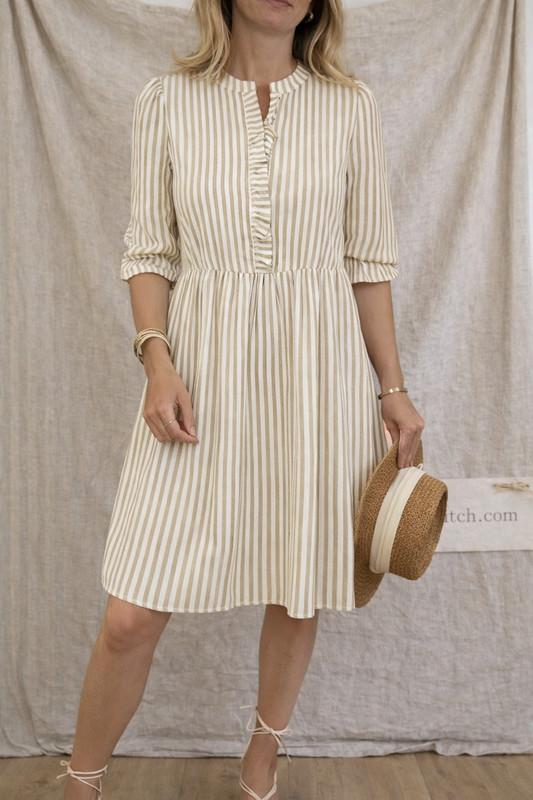 Puff Sleeve Stand Collar Striped Dress Summer