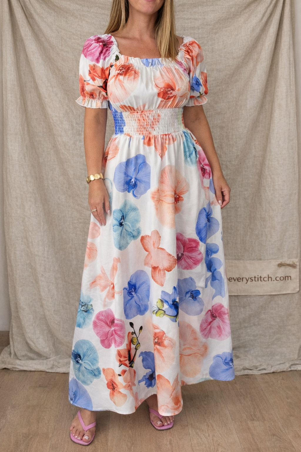 Floral Smocked Waist Puff Sleeve Maxi Dress