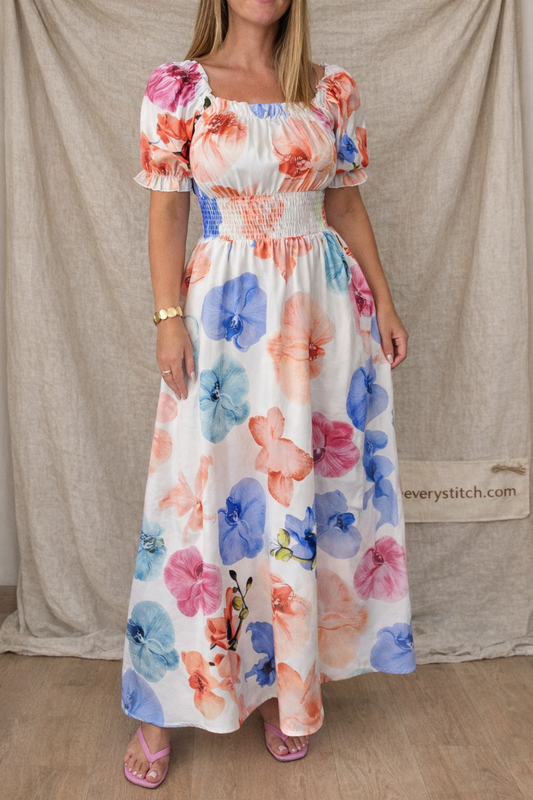 Floral Smocked Waist Puff Sleeve Maxi Dress