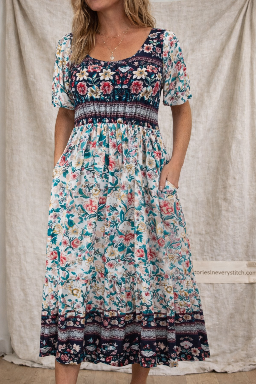 Boho Floral Smocked Midi Dress with Pockets – Relaxed Flowy Fit