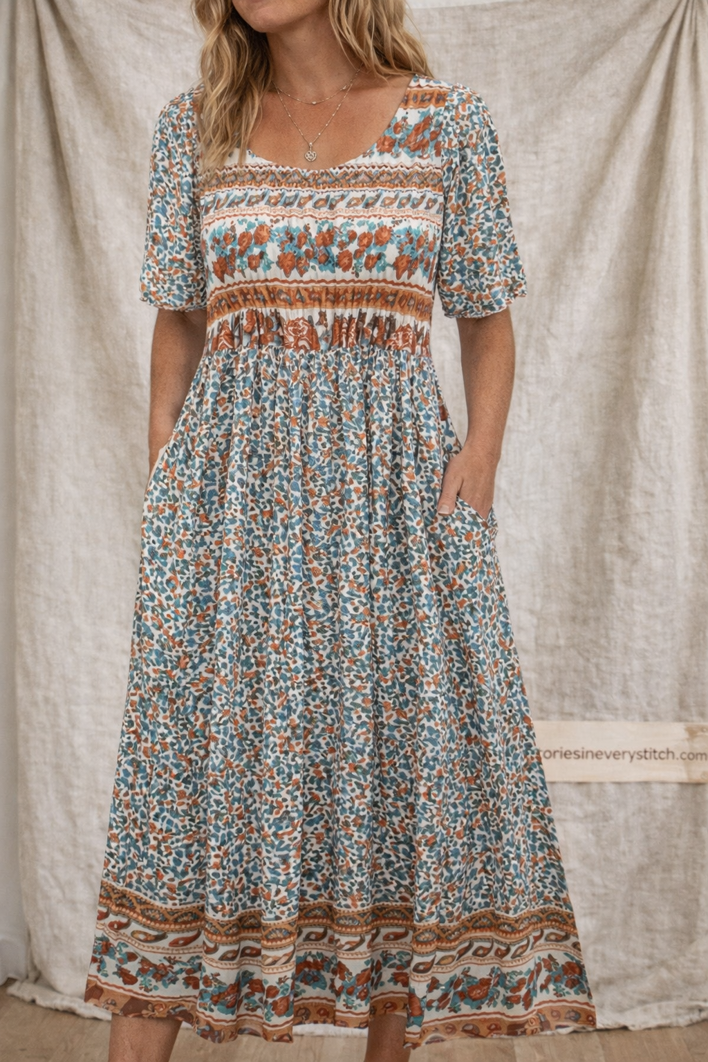 Boho Floral Smocked Midi Dress with Pockets – Relaxed Flowy Fit