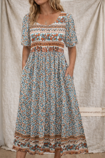 Boho Floral Smocked Midi Dress with Pockets – Relaxed Flowy Fit