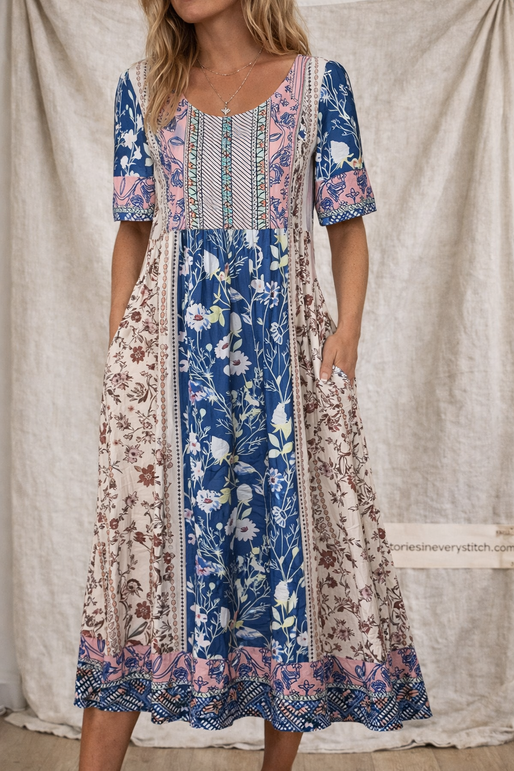 Boho Floral Smocked Midi Dress with Pockets – Relaxed Flowy Fit