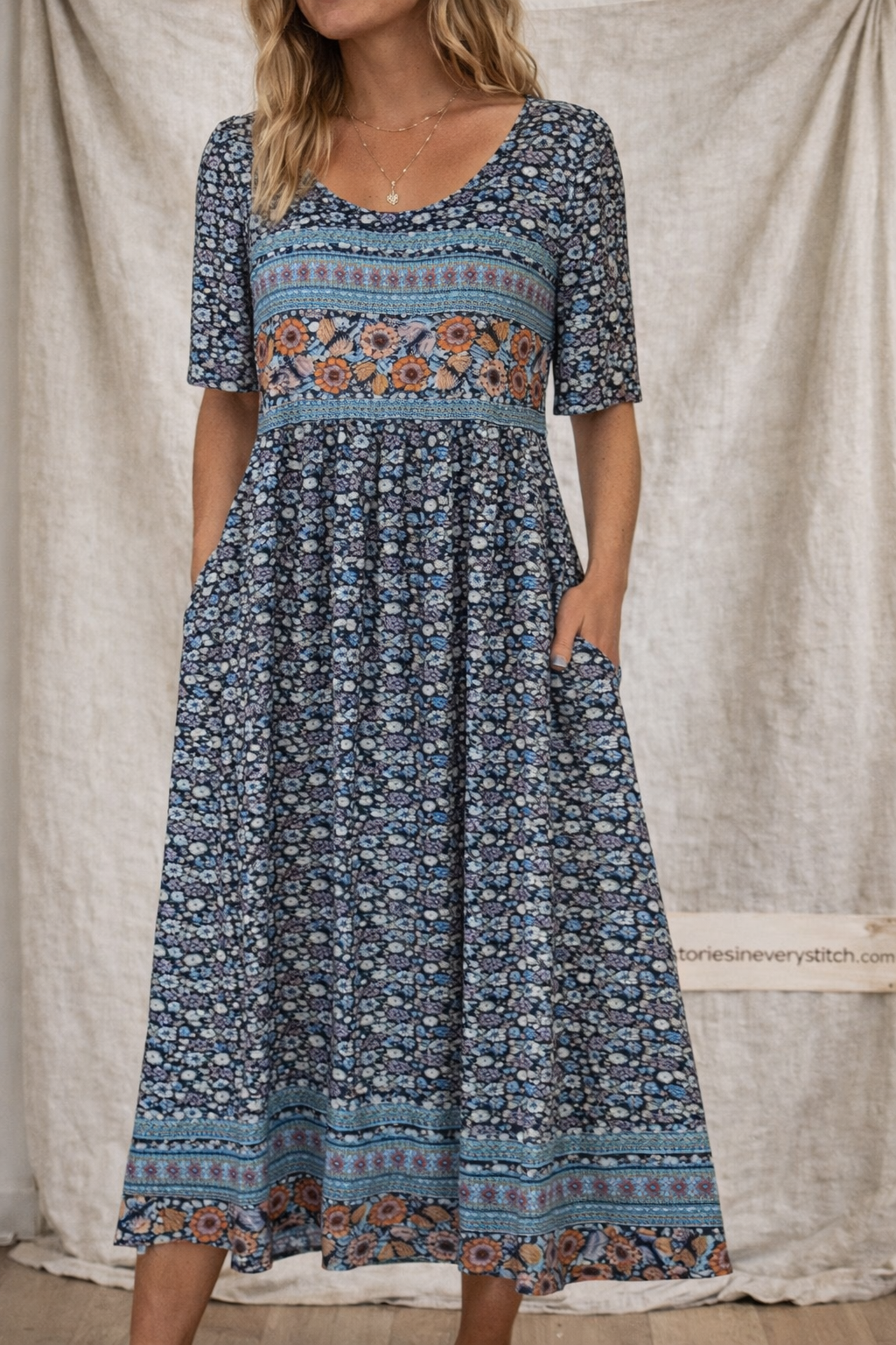 Boho Floral Smocked Midi Dress with Pockets – Relaxed Flowy Fit