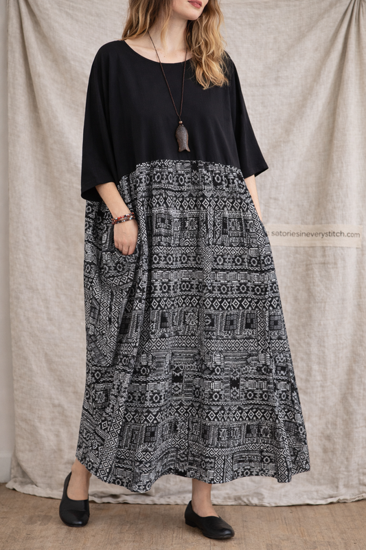 Relaxed Two-Tone Maxi Dress with Pockets – Flowing Boho Fit