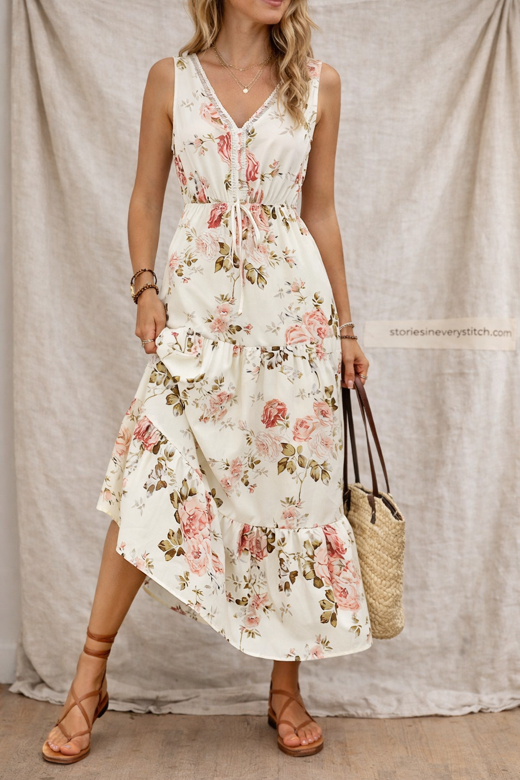 Floral Lace-Trim Midi Dress with Drawstring Waist – Flowy Summer Fit