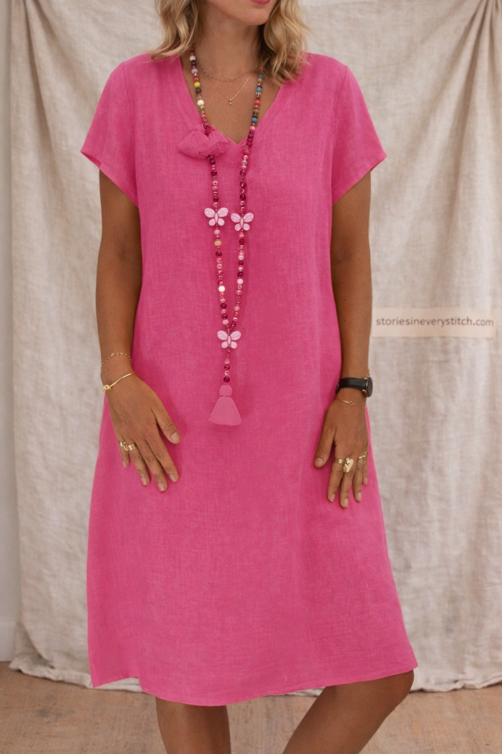 Relaxed Short-Sleeve Button-Front Dress with Tassel Detail – Easy Breezy Fit