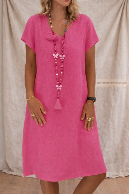 Relaxed Short-Sleeve Button-Front Dress with Tassel Detail – Easy Breezy Fit