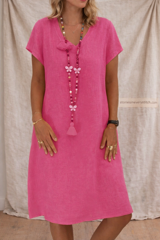 Relaxed Short-Sleeve Button-Front Dress with Tassel Detail – Easy Breezy Fit