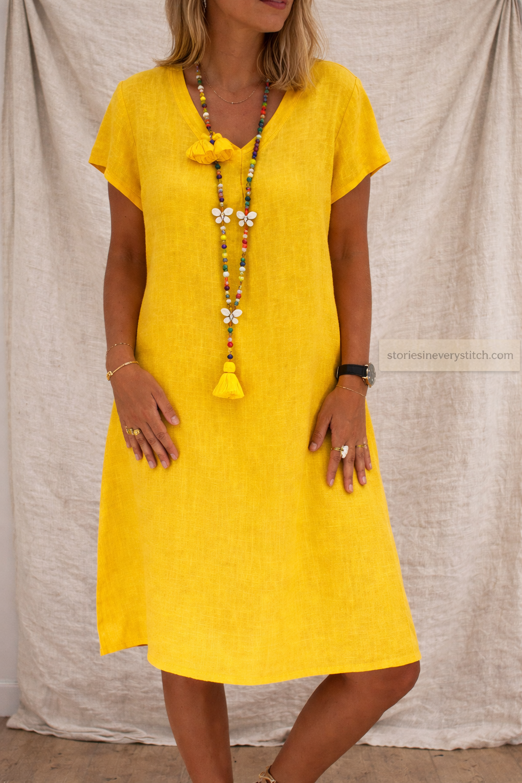 Relaxed Short-Sleeve Button-Front Dress with Tassel Detail – Easy Breezy Fit