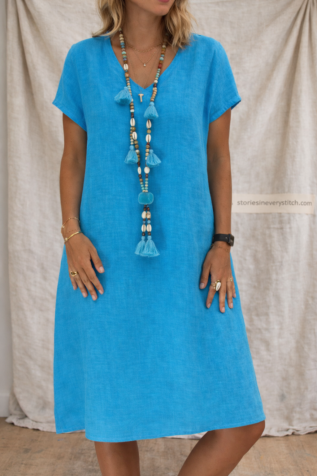 Relaxed Short-Sleeve Button-Front Dress with Tassel Detail – Easy Breezy Fit