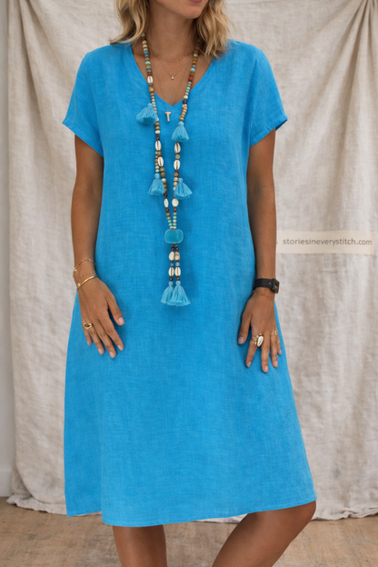 Relaxed Short-Sleeve Button-Front Dress with Tassel Detail – Easy Breezy Fit