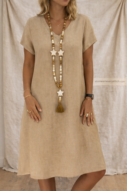 Relaxed Short-Sleeve Button-Front Dress with Tassel Detail – Easy Breezy Fit