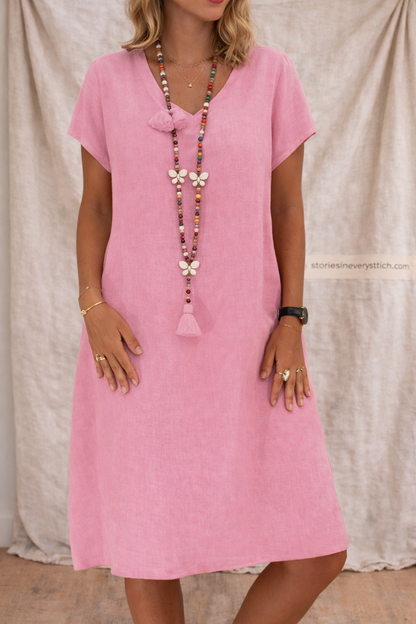 Relaxed Short-Sleeve Button-Front Dress with Tassel Detail – Easy Breezy Fit