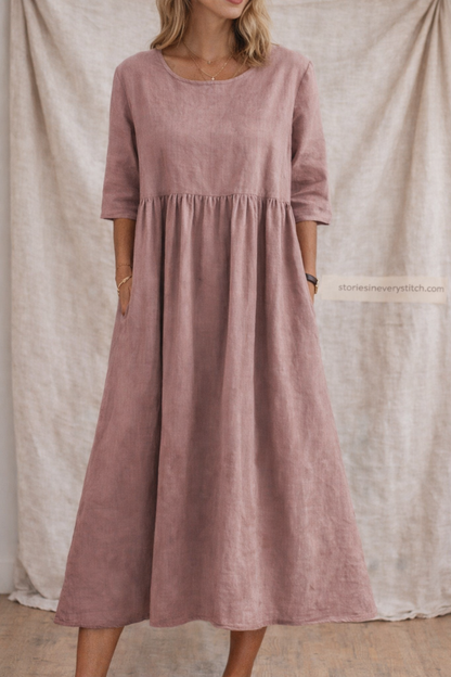 Relaxed Linen-Style Midi Dress with Half Sleeves – Easy Flowy Fit
