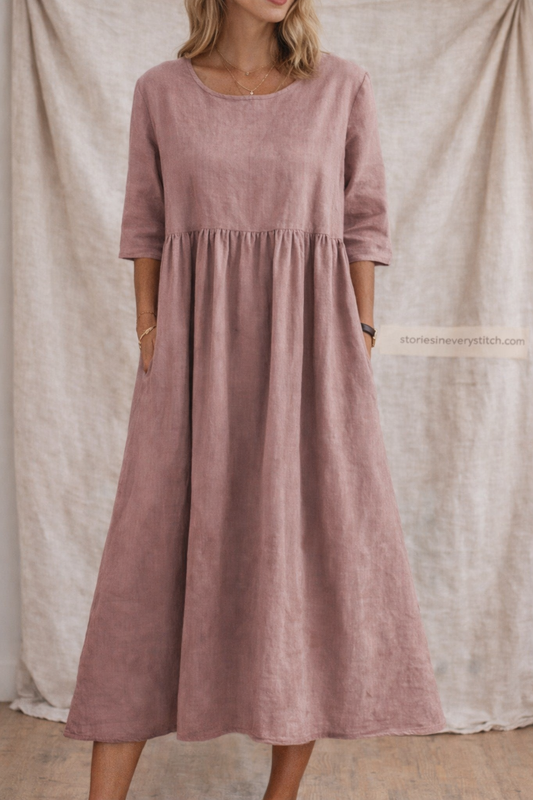 Relaxed Linen-Style Midi Dress with Half Sleeves – Easy Flowy Fit