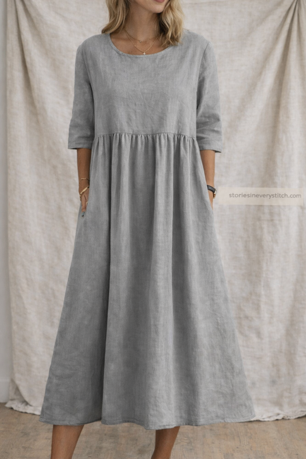 Relaxed Linen-Style Midi Dress with Half Sleeves – Easy Flowy Fit