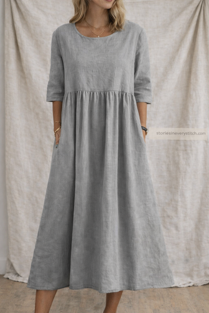Relaxed Linen-Style Midi Dress with Half Sleeves – Easy Flowy Fit
