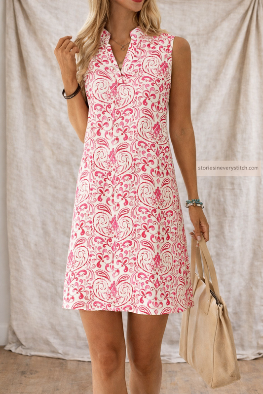 Sleeveless Printed Shift Dress with Split Neck – Classic Easy Fit