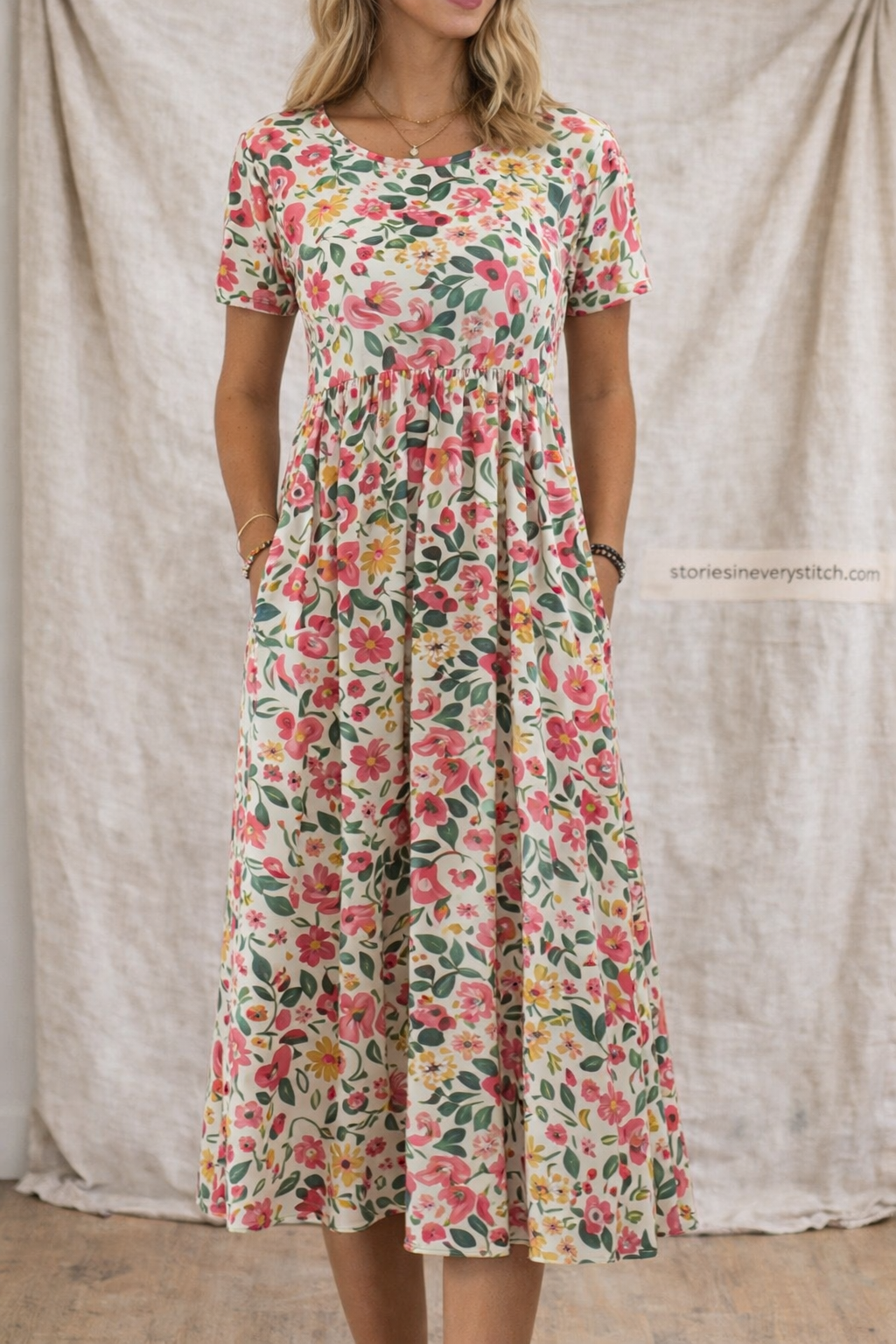 Floral Short-Sleeve Midi Dress with Pockets – Relaxed Everyday Fit
