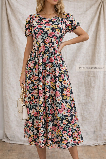 Floral Short-Sleeve Midi Dress with Pockets – Relaxed Everyday Fit
