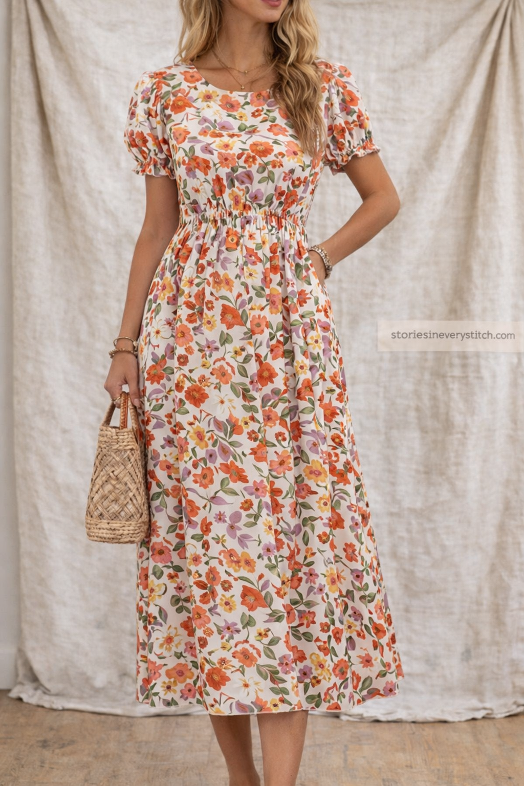 Floral Short-Sleeve Midi Dress with Pockets – Relaxed Everyday Fit
