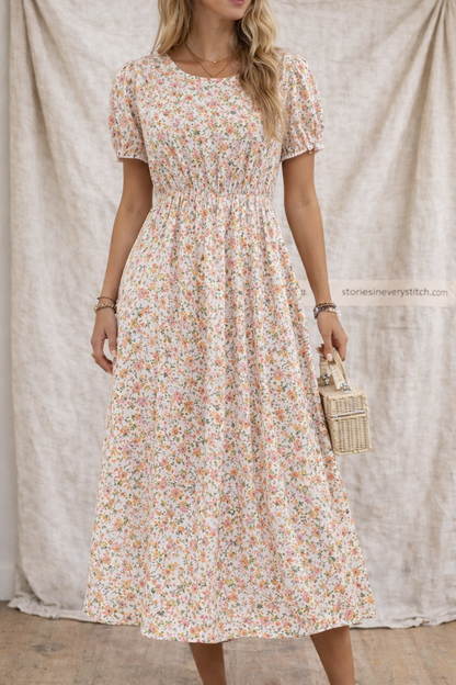 Floral Short-Sleeve Midi Dress with Pockets – Relaxed Everyday Fit