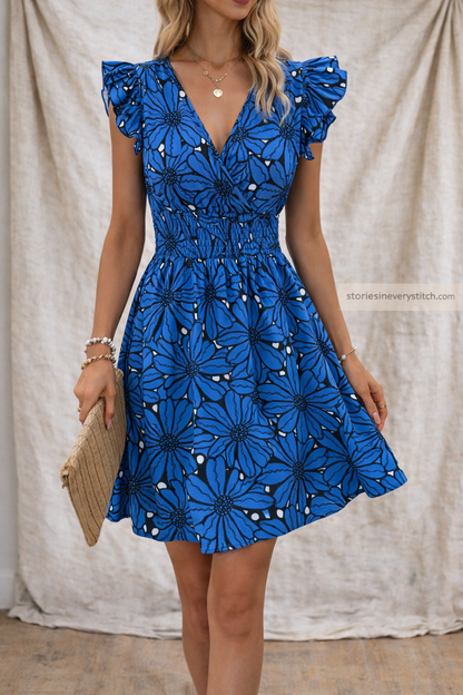 Floral Ruffle Sleeve V-Neck Mini Dress