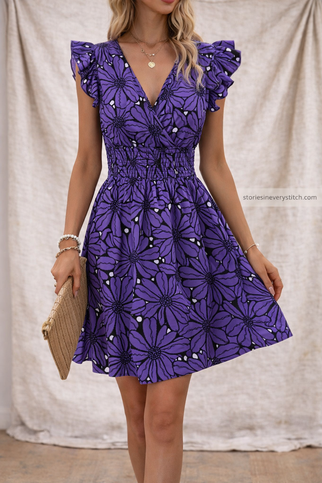 Floral Ruffle Sleeve V-Neck Mini Dress
