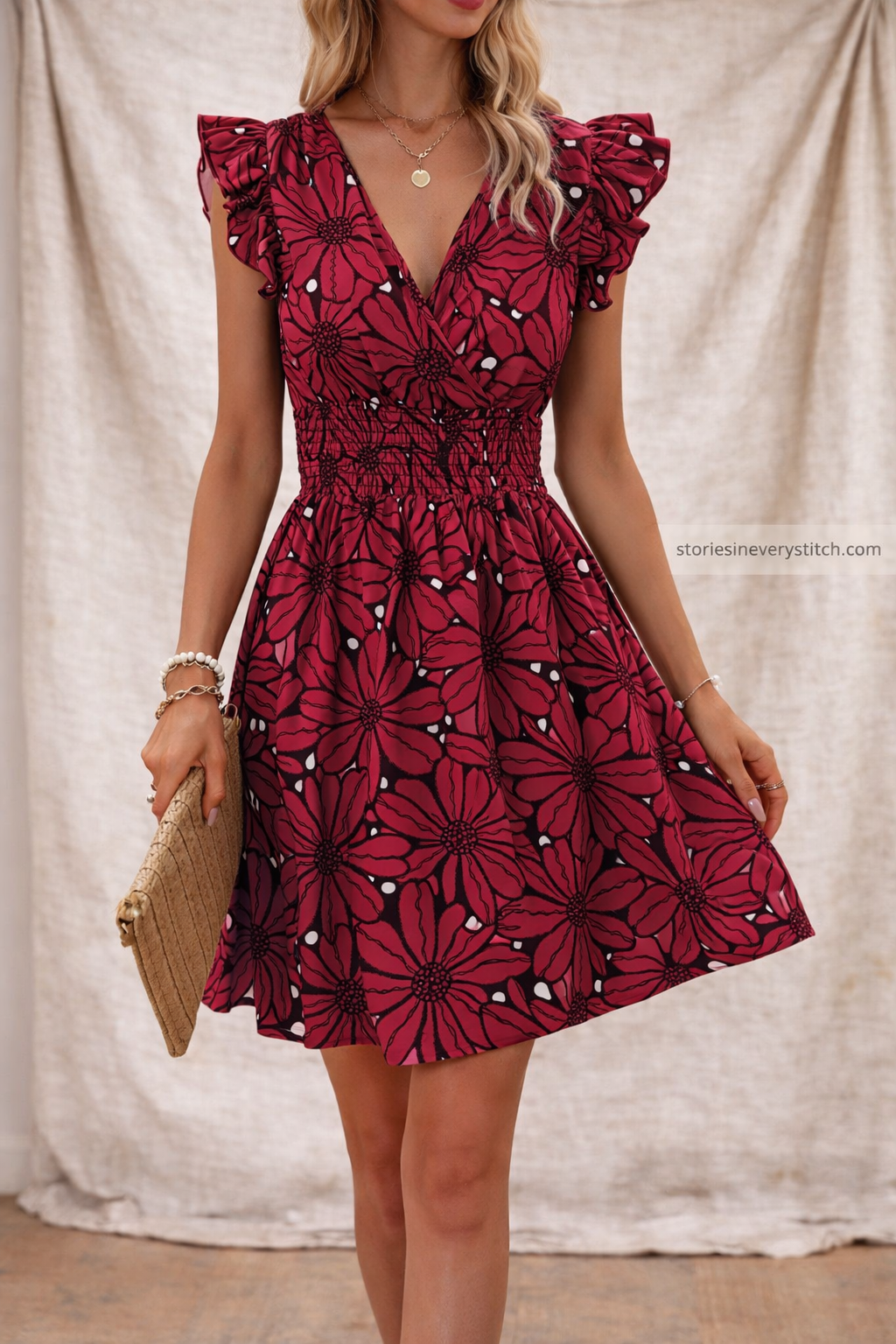 Floral Ruffle Sleeve V-Neck Mini Dress