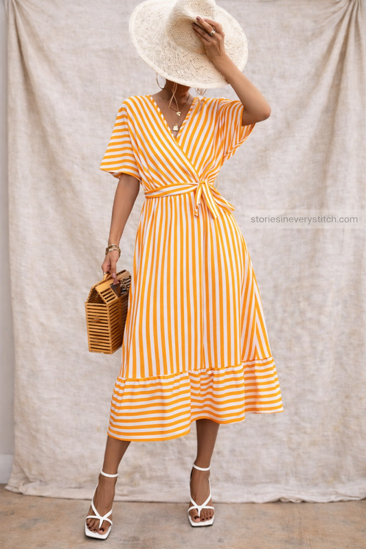Striped Tie-Waist Midi Dress with Flutter Sleeves – Breezy Summer Fit