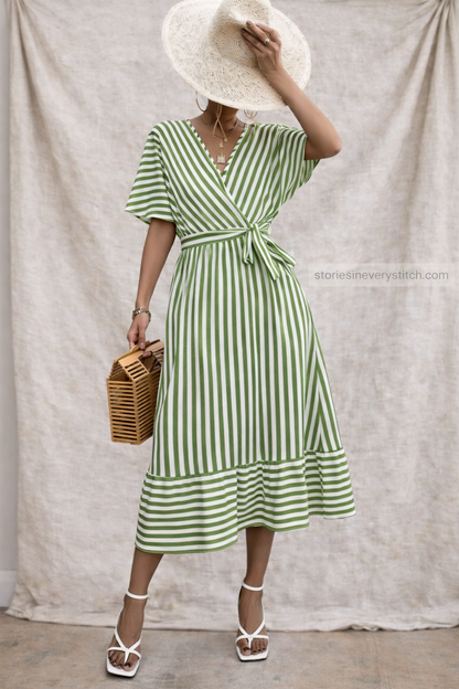 Striped Tie-Waist Midi Dress with Flutter Sleeves – Breezy Summer Fit