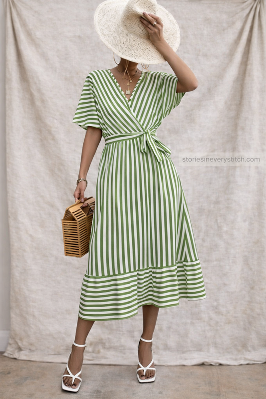 Striped Tie-Waist Midi Dress with Flutter Sleeves – Breezy Summer Fit