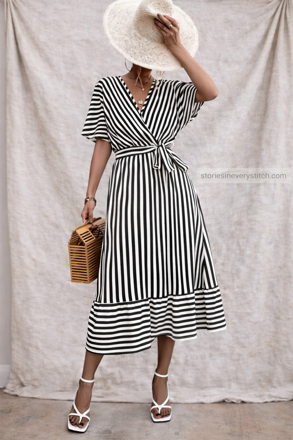 Striped Tie-Waist Midi Dress with Flutter Sleeves – Breezy Summer Fit