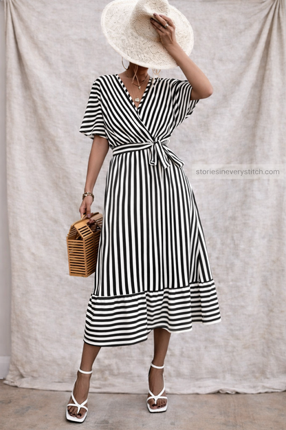 Striped Tie-Waist Midi Dress with Flutter Sleeves – Breezy Summer Fit