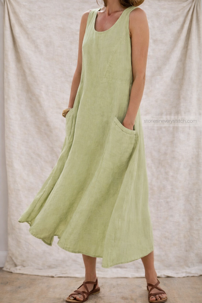 Relaxed Sleeveless Linen-Style Maxi Dress with Pockets – Easy Flow Fit