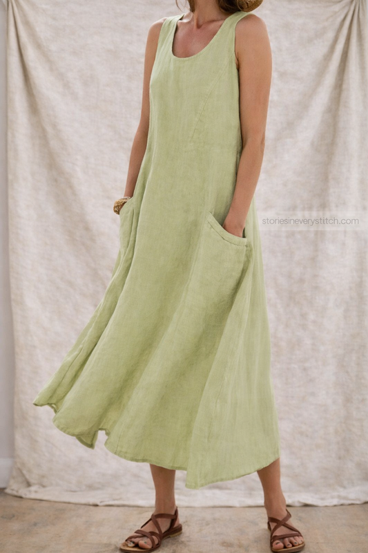 Relaxed Sleeveless Linen-Style Maxi Dress with Pockets – Easy Flow Fit