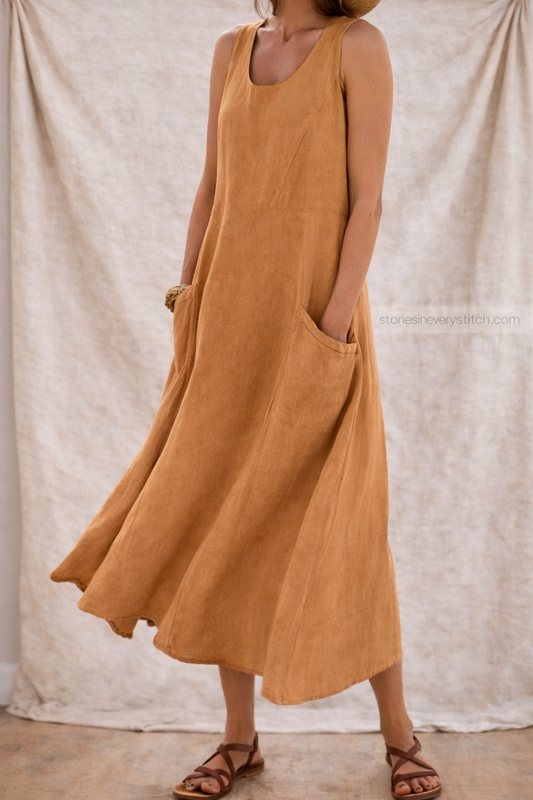 Relaxed Sleeveless Linen-Style Maxi Dress with Pockets – Easy Flow Fit