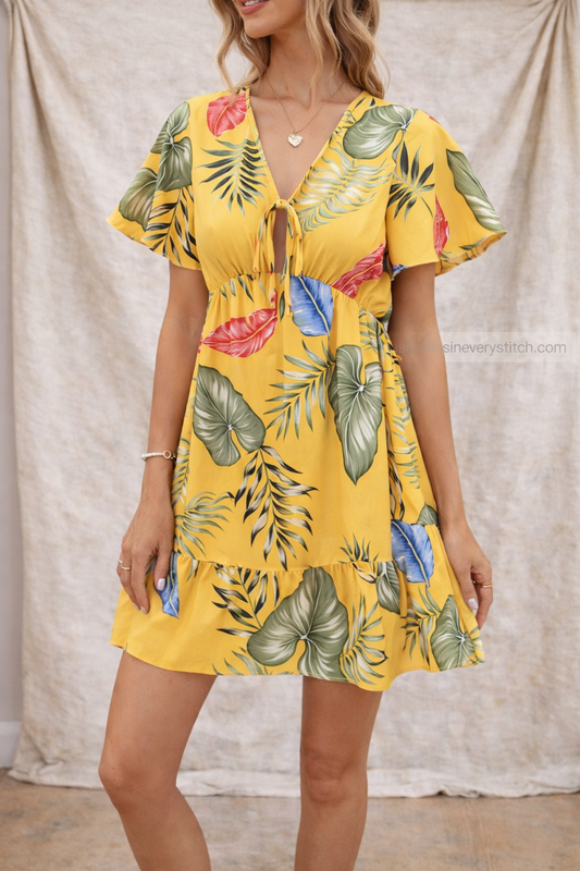 Tropical Print V-Neck Mini Dress with Flutter Sleeves – Flowy Summer Fit