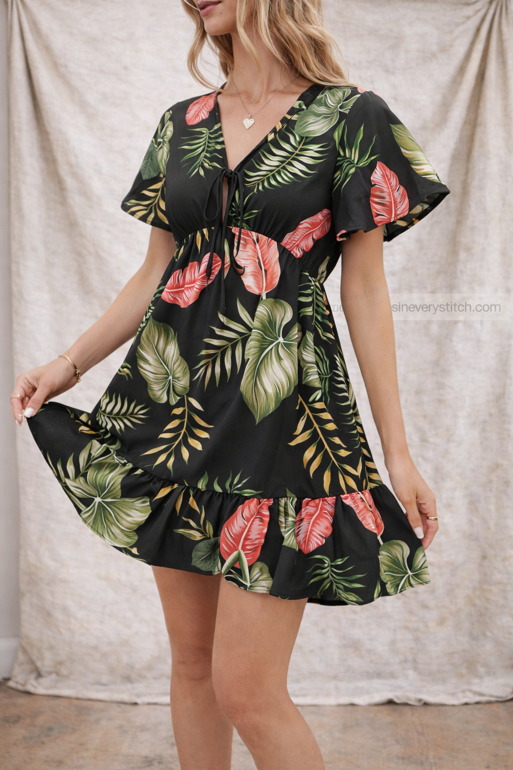 Tropical Print V-Neck Mini Dress with Flutter Sleeves – Flowy Summer Fit