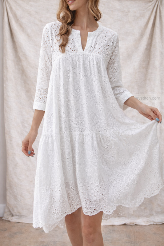 Eyelet Lace Midi Dress with Split Neck – Soft Flowy Fit