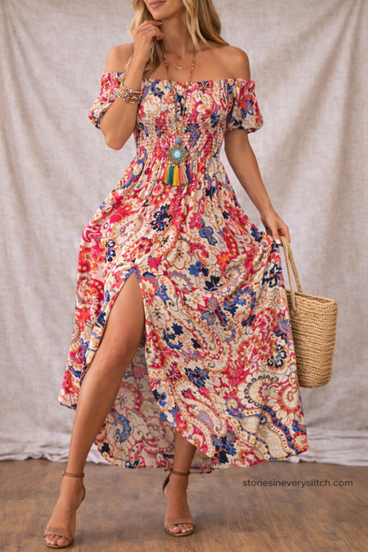 Women’s Boho Floral Maxi Dress – Off Shoulder Split Summer Beach Dress