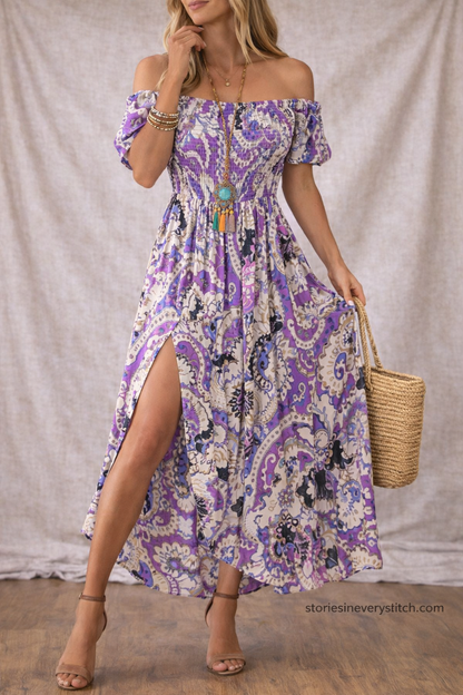 Women’s Boho Floral Maxi Dress – Off Shoulder Split Summer Beach Dress
