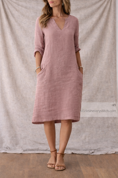 Women’s Casual V-Neck Midi Dress – Short Sleeve Loose Linen Summer Dress