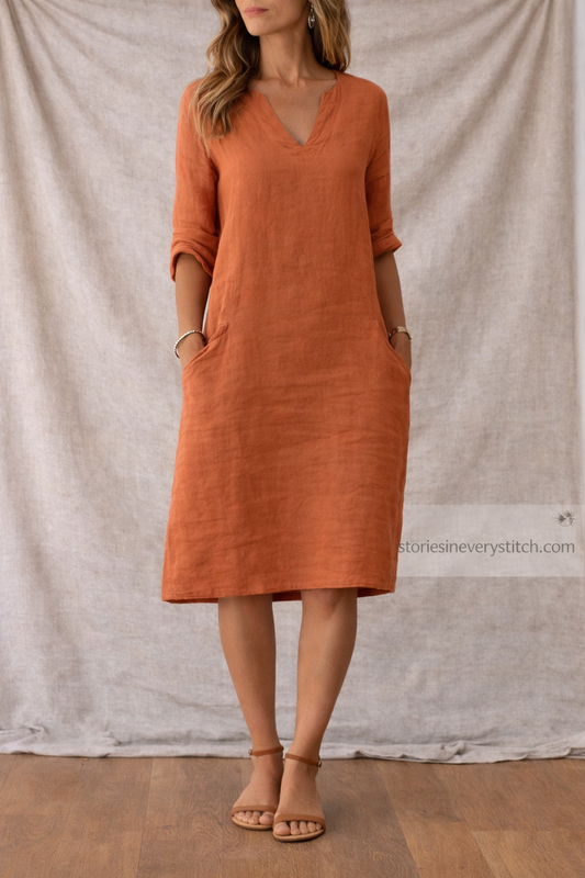 Women’s Casual V-Neck Midi Dress – Short Sleeve Loose Linen Summer Dress