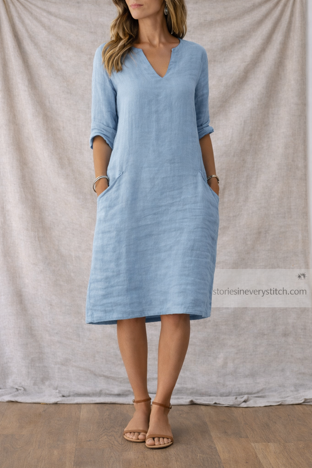 Women’s Casual V-Neck Midi Dress – Short Sleeve Loose Linen Summer Dress