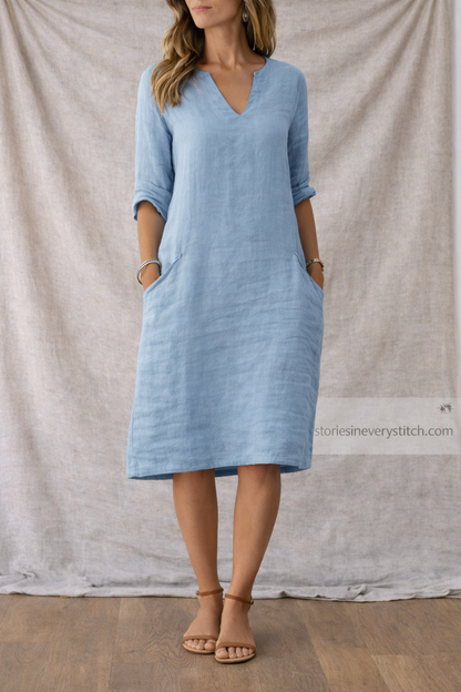 Women’s Casual V-Neck Midi Dress – Short Sleeve Loose Linen Summer Dress
