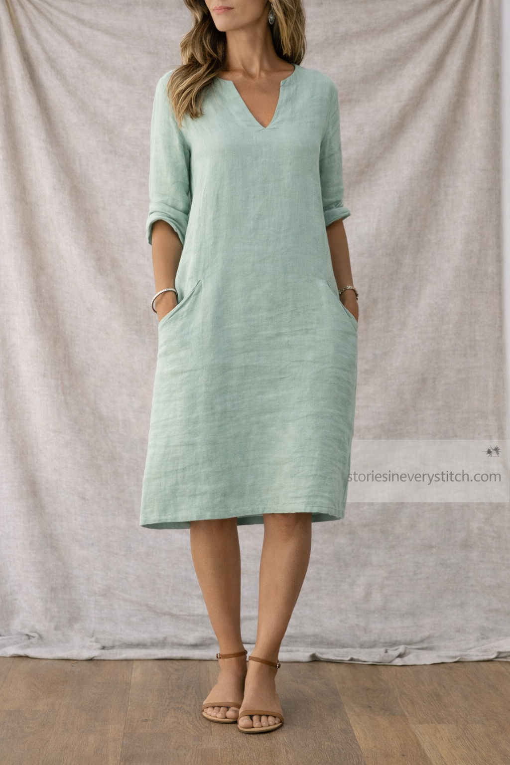 Women’s Casual V-Neck Midi Dress – Short Sleeve Loose Linen Summer Dress