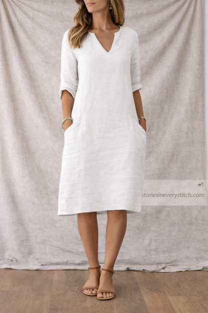 Women’s Casual V-Neck Midi Dress – Short Sleeve Loose Linen Summer Dress